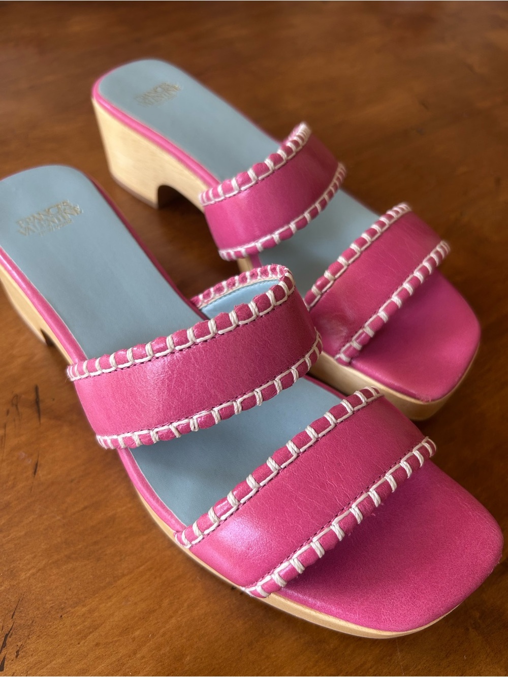 France’s Valentine Pink Double-Strap Slide Sandals, Size 7